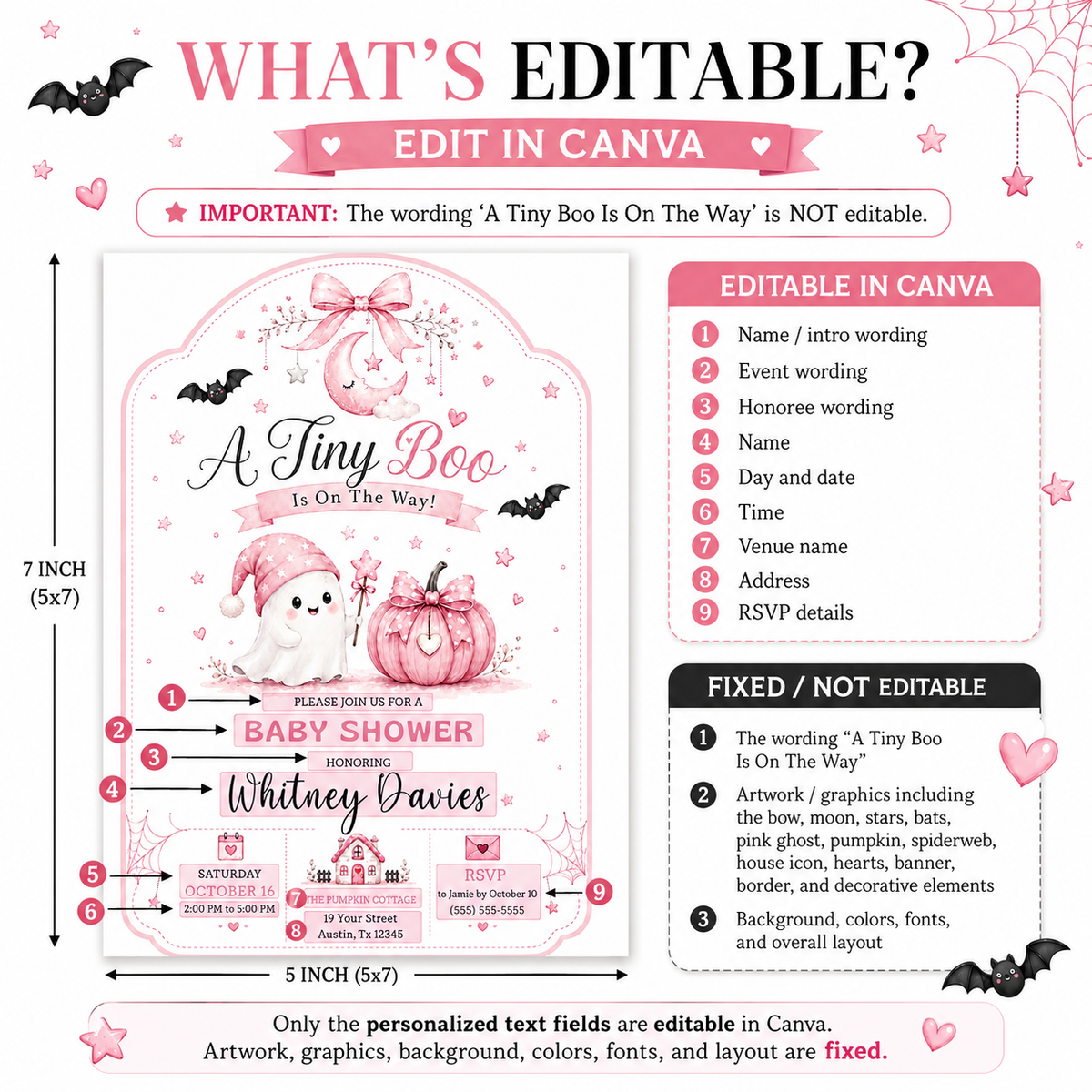 Tiny Boo baby shower invitation with cute ghost, pink pumpkin, crescent moon, bows, bats, stars, and pink Halloween baby girl shower details