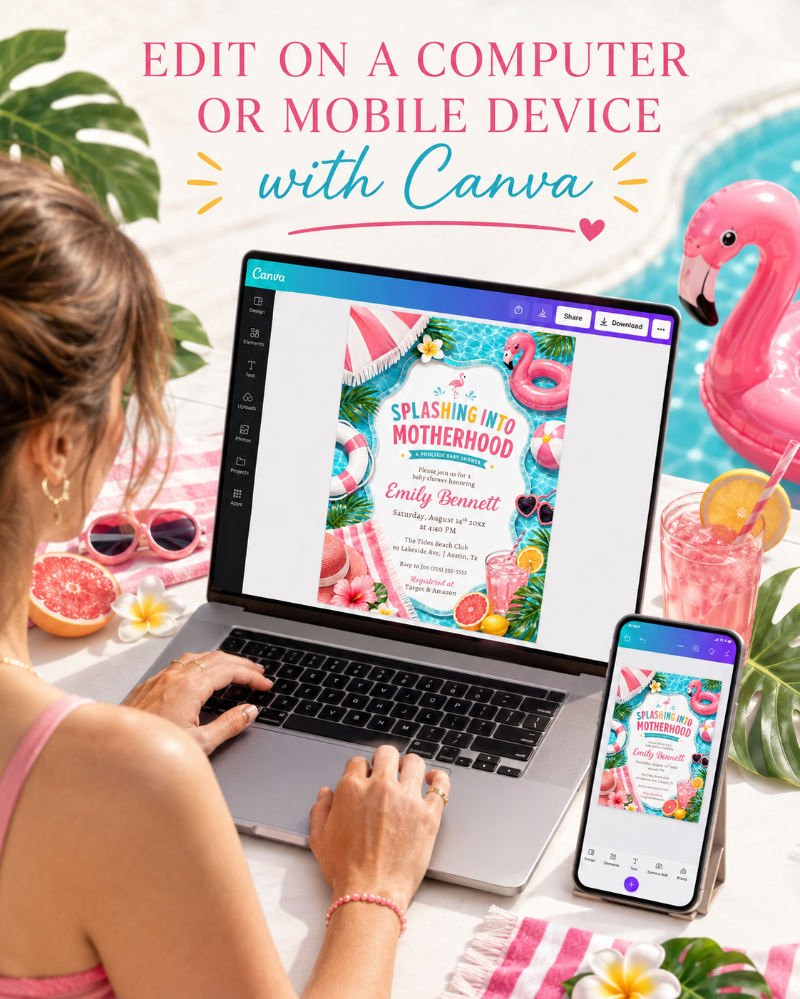 Poolside baby shower invitation with a flamingo float, beach ball, and tropical drinks in pink and aqua