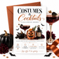 Costumes and Cocktails Halloween invitation with dark cocktail coupe, copper pumpkin mug, black pumpkin, witch’s elixir bottle, bats, and elegant adult Halloween party details