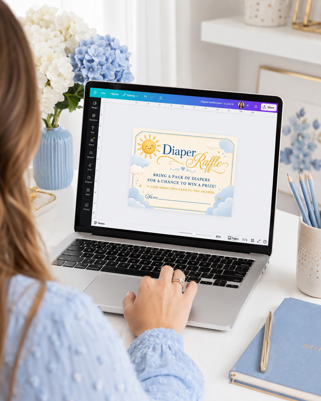 Editable here comes the son diaper raffle card Canva template with smiling sun, fluffy blue and white clouds, gold star accents, and navy and golden script typography on a warm cream background, landscape orientation