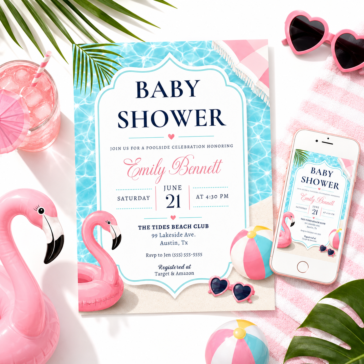 Tropical flamingo baby shower invitation with a flamingo float, beach ball, and heart sunglasses in navy, pink, and aqua