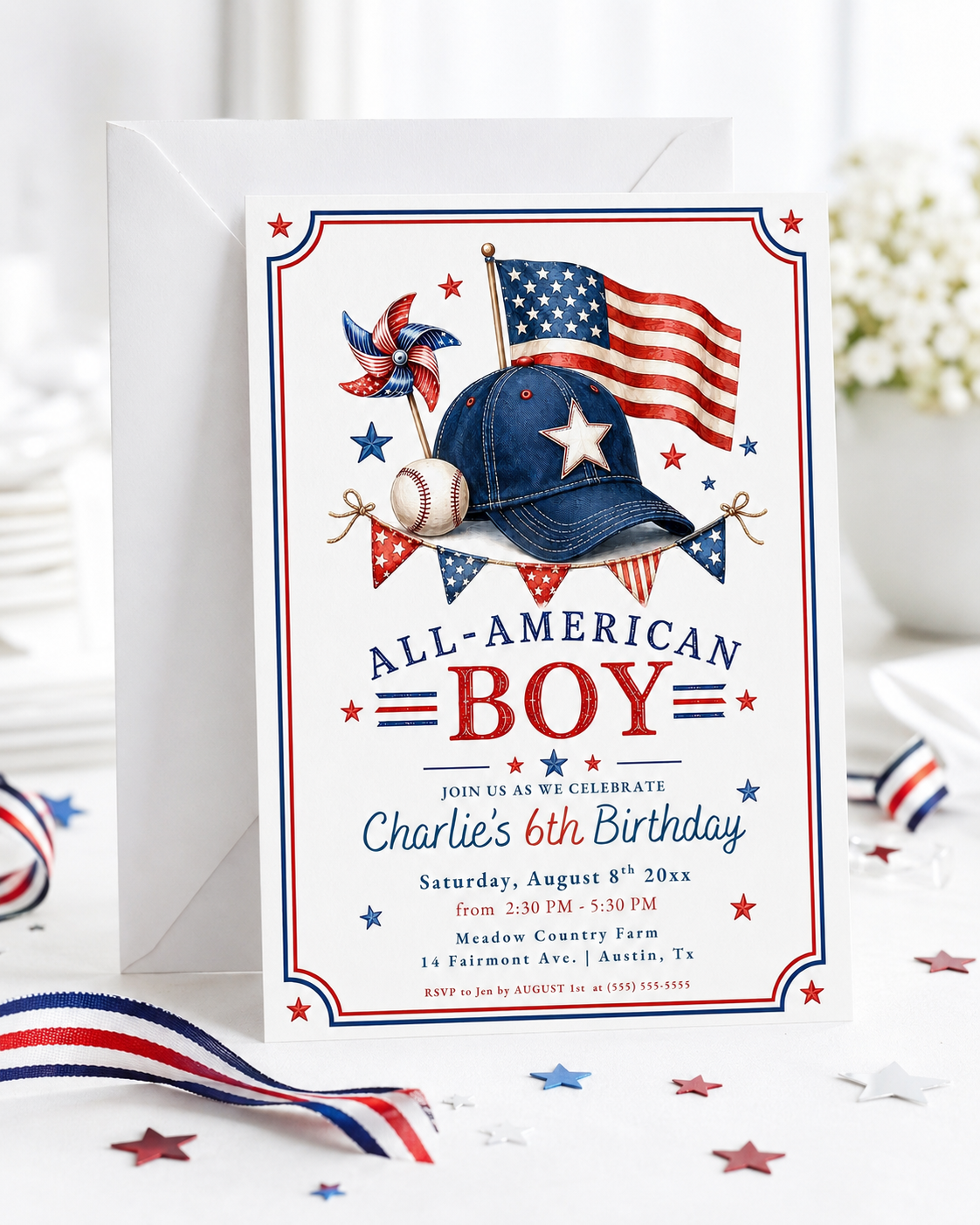 All-American boy birthday invitation featuring a navy baseball cap, American flag, baseball, pinwheel, bunting and red, white and blue stars.