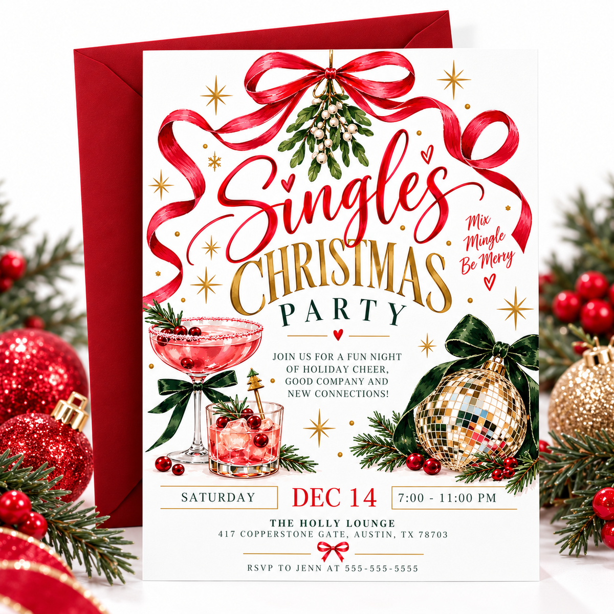 Singles Christmas party invitation with pink holiday cocktails, a gold disco ball ornament, hanging mistletoe, flowing red ribbon, green bows, and gold stars