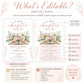 A New Chapter bridal shower invitation featuring an open book surrounded by blush pink and terracotta florals with green foliage.
