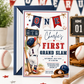 Baseball first birthday invitation featuring a little boy in a baseball uniform, ONE banner, scoreboard, bat, glove, helmet and red and navy details.
