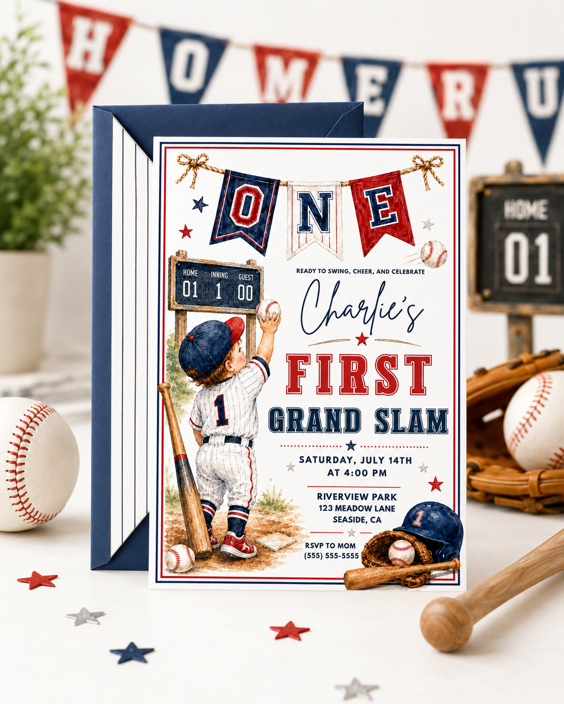 Baseball first birthday invitation featuring a little boy in a baseball uniform, ONE banner, scoreboard, bat, glove, helmet and red and navy details.
