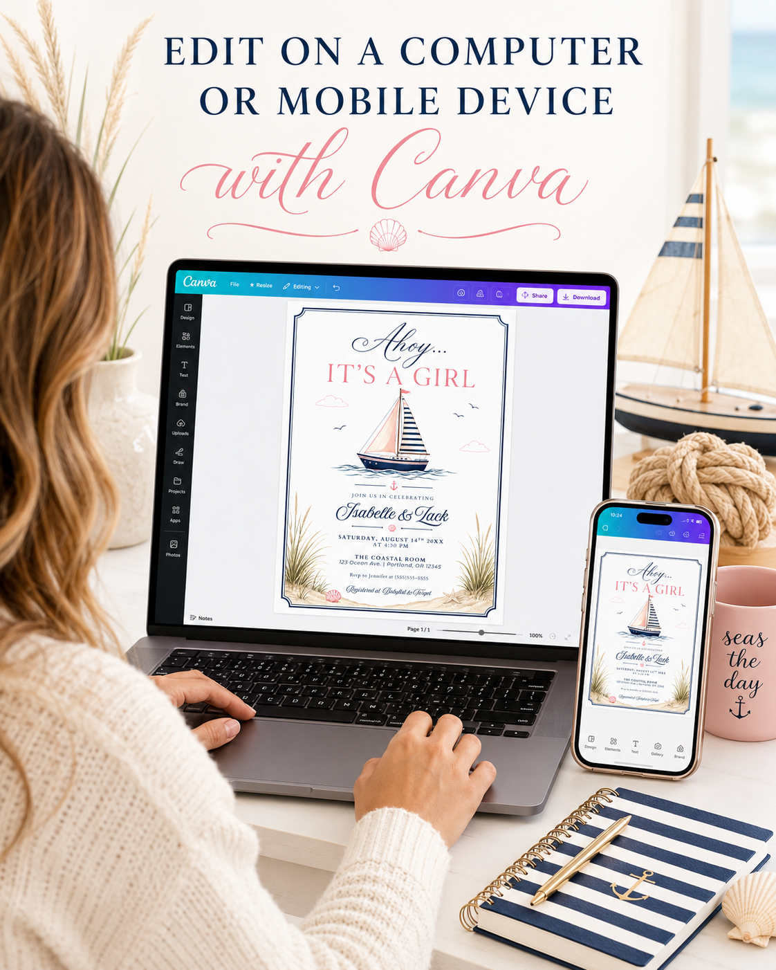 Nautical girl baby shower invitation with a sailboat, seashells, and beach grass in navy and blush pink