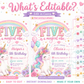 Unicorn fifth birthday invitation featuring a pastel rainbow, smiling clouds, balloons, gold stars, colourful flowers and a floral unicorn.
