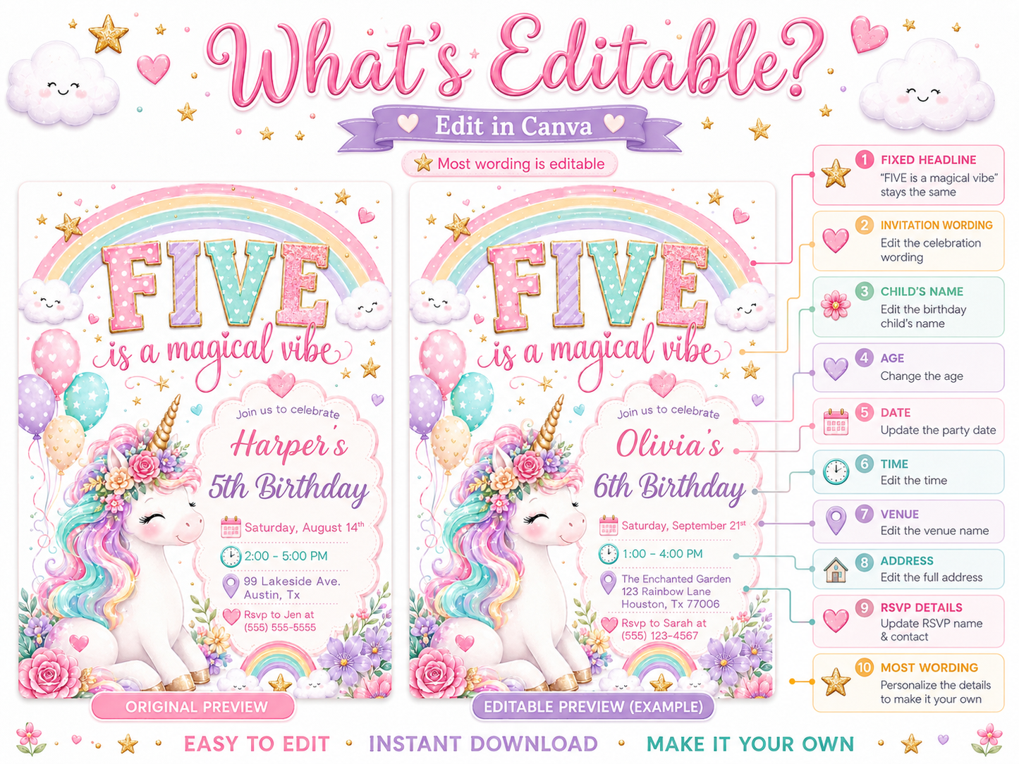 Unicorn fifth birthday invitation featuring a pastel rainbow, smiling clouds, balloons, gold stars, colourful flowers and a floral unicorn.
