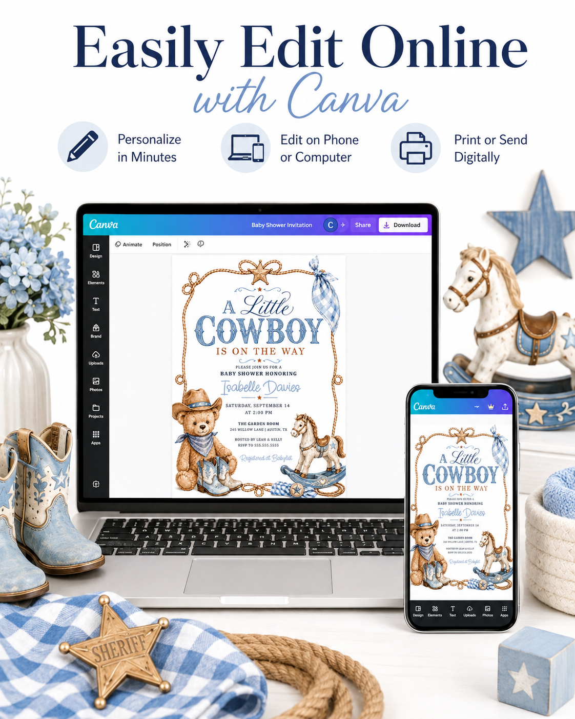 Little cowboy baby shower invitation with teddy bear cowboy, blue cowboy boots, rocking horse, rope border, sheriff star, gingham bandana, and western details