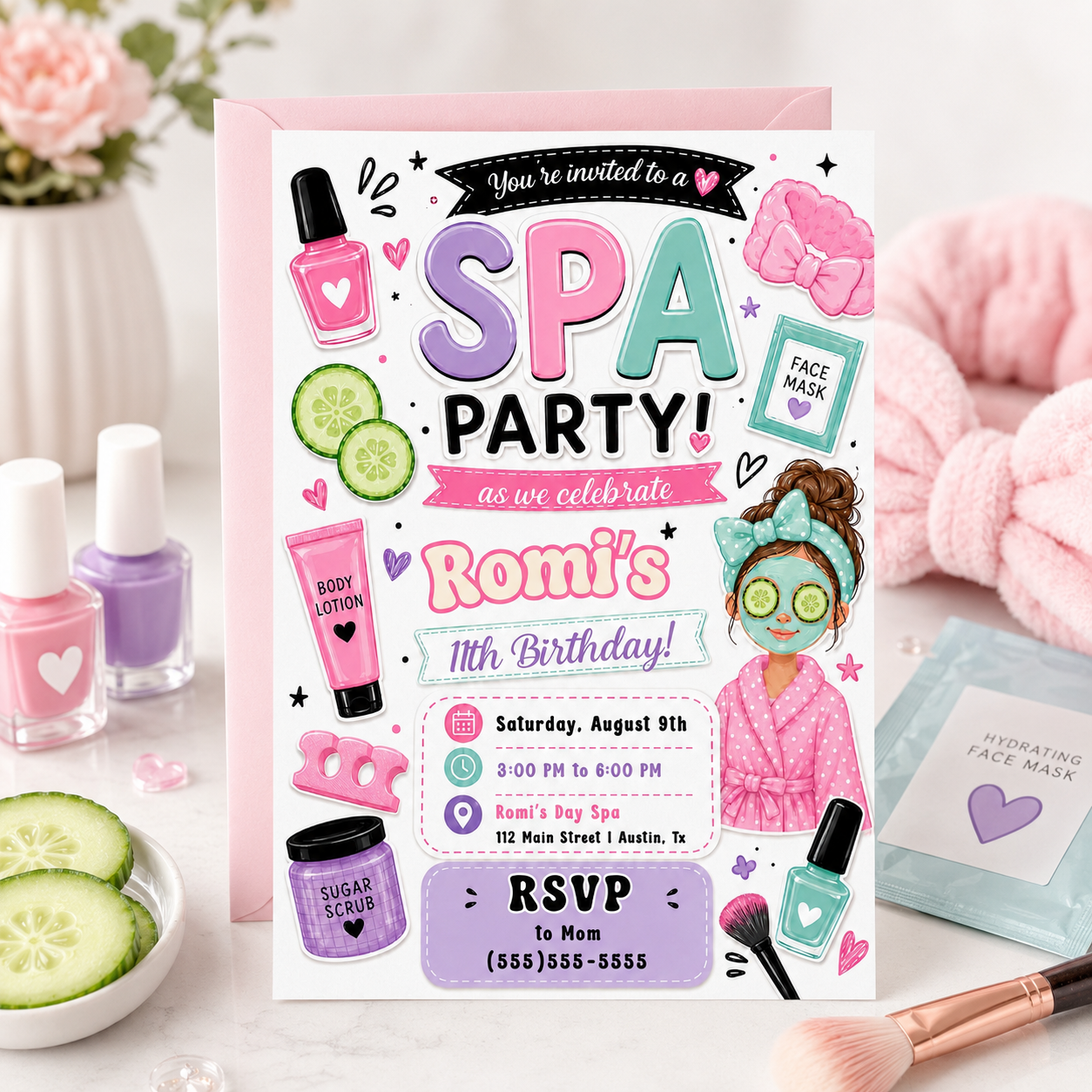 Spa party birthday invitation with nail polish, face mask, robe, cucumber slices, lotion, sugar scrub, makeup brush, hearts, and pink purple teal details