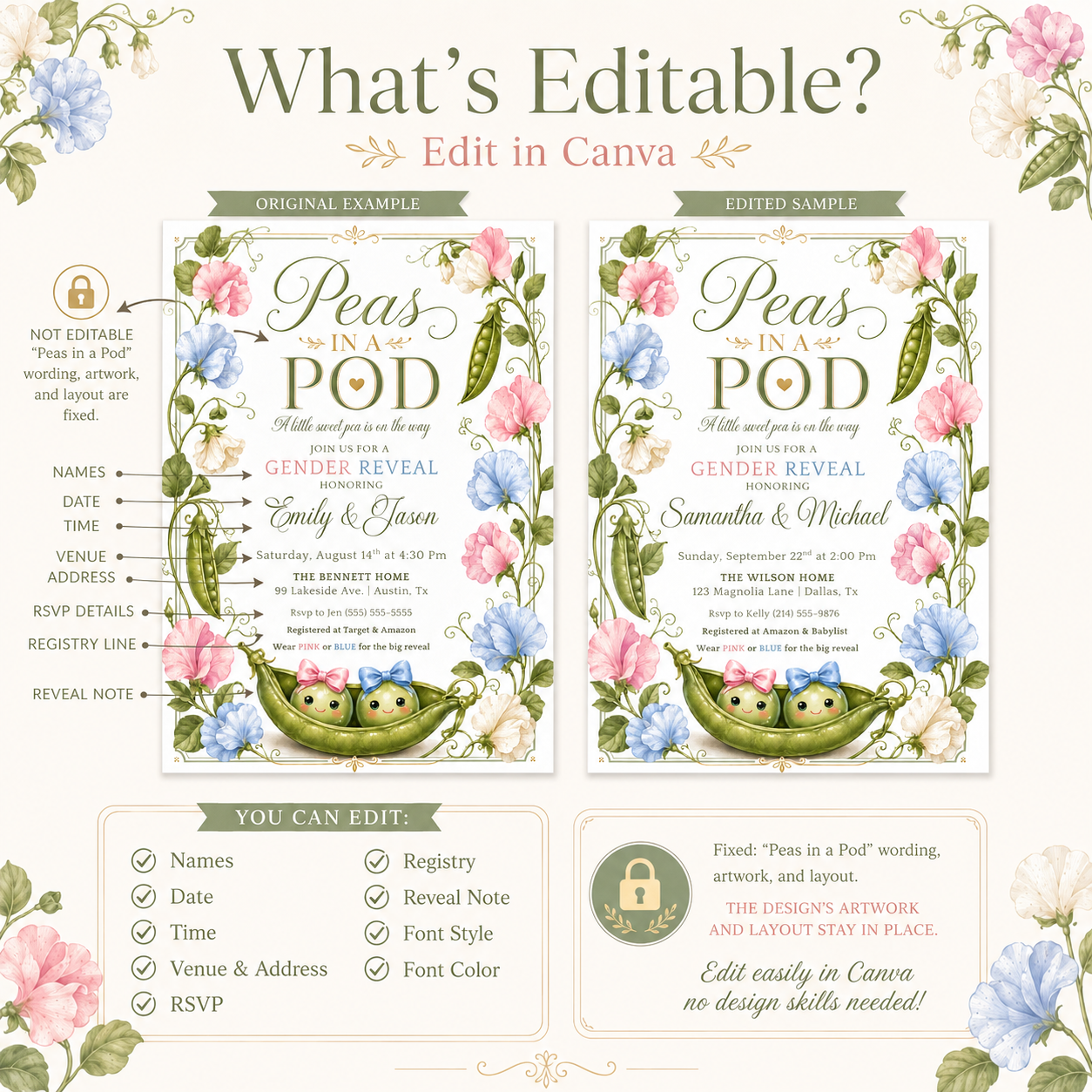 Peas in a pod gender reveal invitation with two peas in pink and blue bows and sweet pea flowers