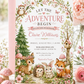 Woodland baby girl shower invitation with deer, fox, bunny, hedgehog, owl, pink flowers, leafy branches, mushrooms, birdhouse, and soft forest details