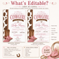 Little cowgirl baby shower invitation featuring pink cowboy boots, a pink bandana, brown cow-print border, horseshoes and western details.
