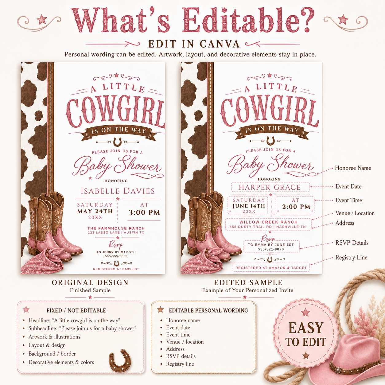 Little cowgirl baby shower invitation featuring pink cowboy boots, a pink bandana, brown cow-print border, horseshoes and western details.
