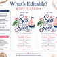 Editable pink nautical girl baby shower invitation Canva template with watercolour sea turtle with pink bow, pink striped sailboat, navy and pink life ring, starfish, and bold navy script with pink calligraphy on a white background
