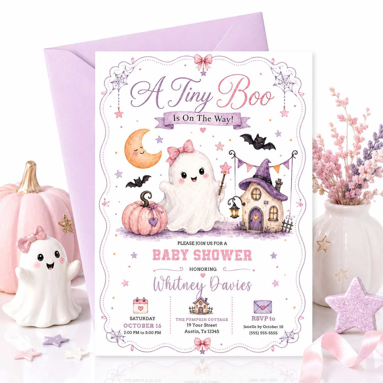 Halloween girl baby shower invitation with cute ghost, pink pumpkin, bats, crescent moon, haunted house, spiderwebs, stars, and pastel Halloween baby shower details