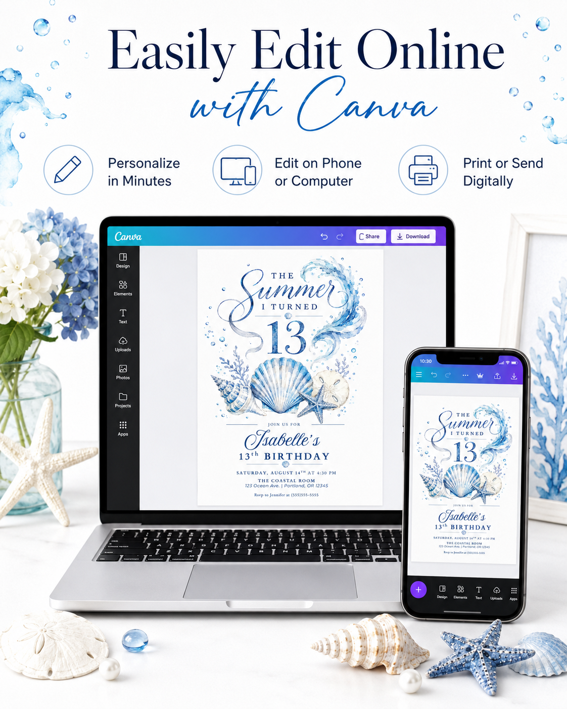 The summer I turned 13 birthday invitation with blue watercolor waves, seashells, starfish, sand dollar, coral, bubbles, and elegant beach details