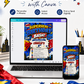 Superhero birthday invitation featuring a bold comic book design with POW, BAM and ZOOM graphics, city skyline, cape, mask, stars and lightning bolts.
