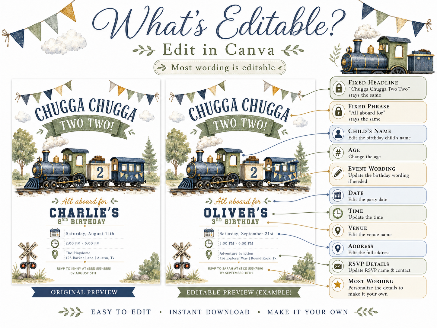 Chugga Chugga Two Two second birthday invitation featuring a navy and sage steam train, railroad crossing sign, trees and bunting.
