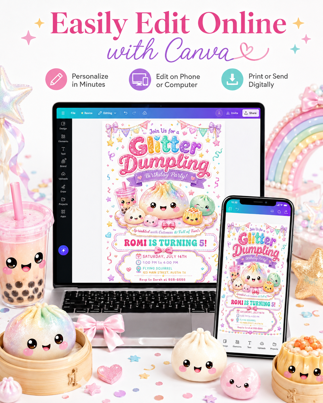 Glitter dumpling birthday invitation with kawaii dumplings, bubble tea, pastel confetti, bows, hearts, stars, rainbow lettering, and pink purple teal party details
