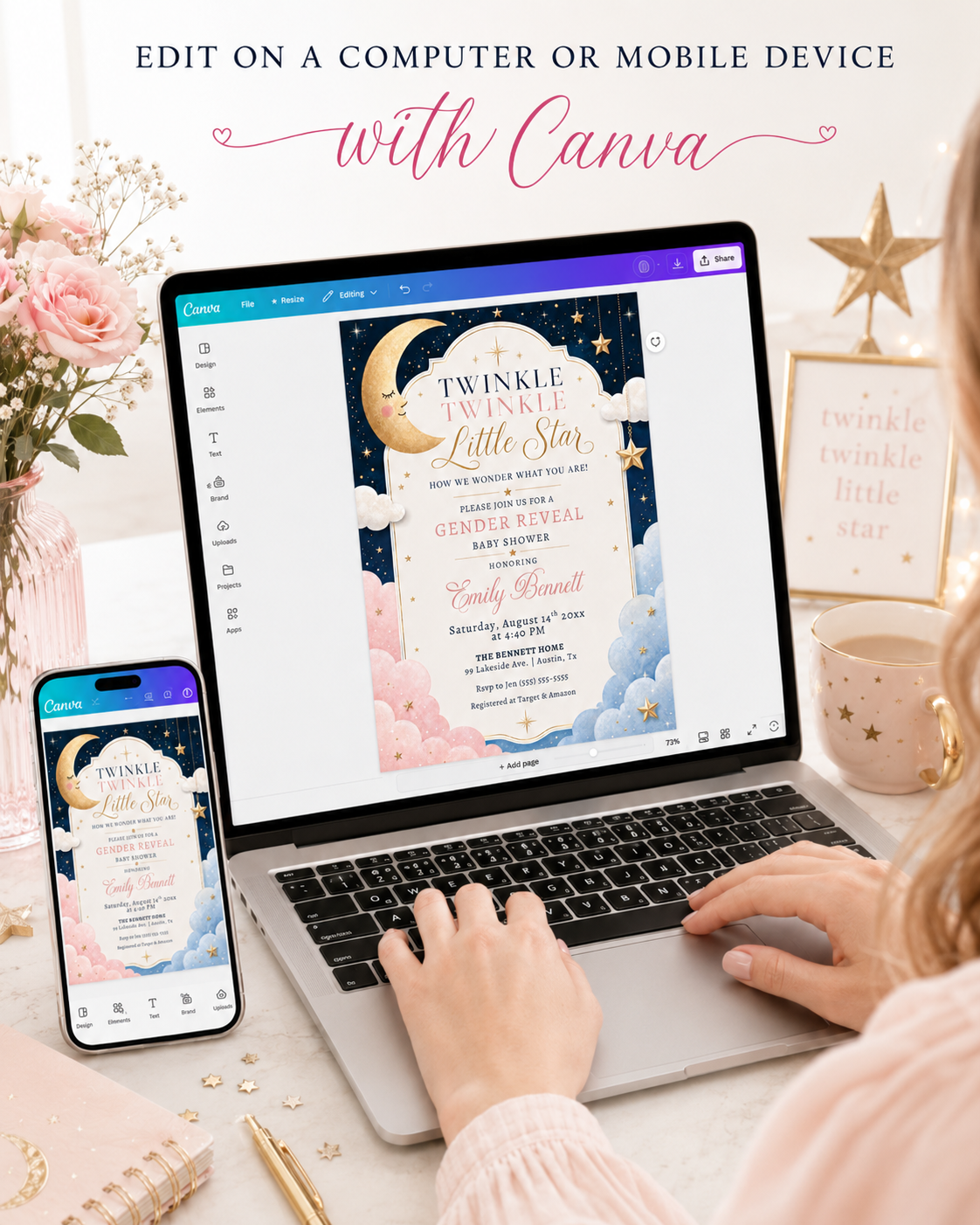Twinkle twinkle little star gender reveal invitation with a moon, gold stars, and pink and blue clouds