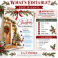 Christmas housewarming party invitation with a wooden front door, evergreen wreath and garlands, red bows, glowing lanterns, snowy steps, and a Home Sweet Home doormat