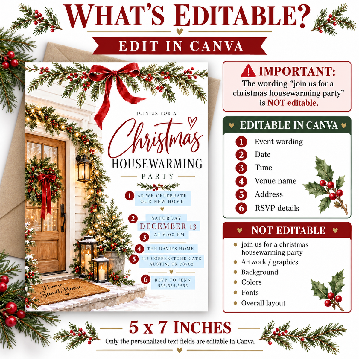 Christmas housewarming party invitation with a wooden front door, evergreen wreath and garlands, red bows, glowing lanterns, snowy steps, and a Home Sweet Home doormat