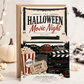 Halloween movie night invitation with vintage drive-in theater, classic cars, popcorn, horror film ticket, clapperboard, ghosts, and black jack-o-lantern