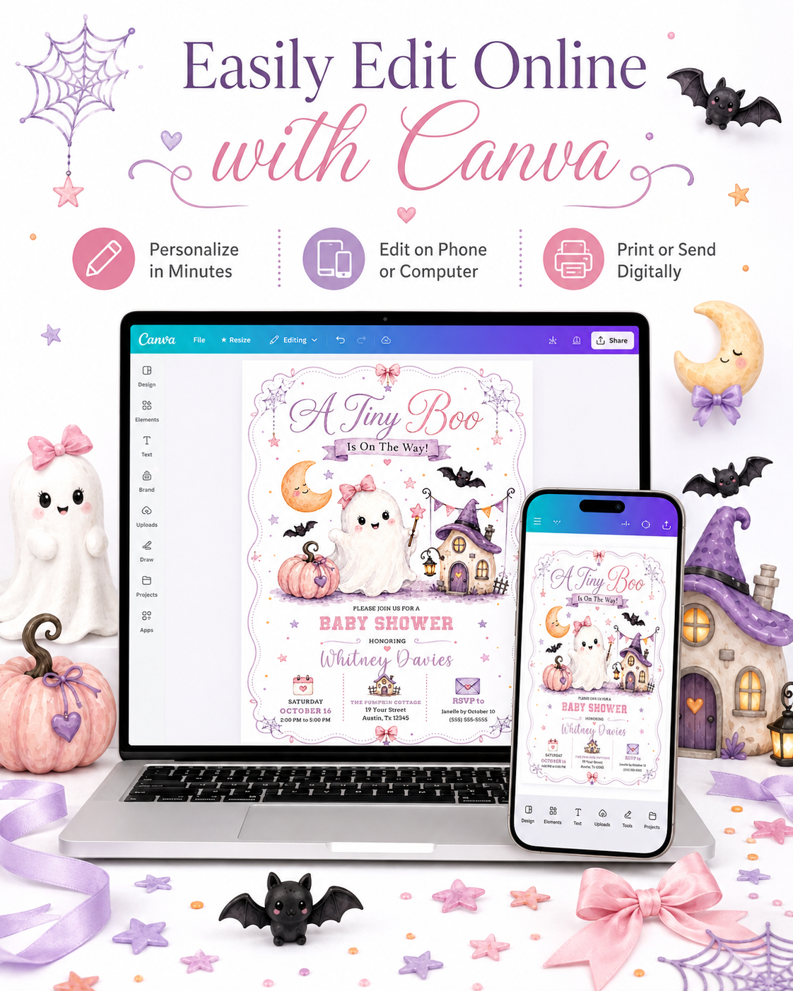 Halloween girl baby shower invitation with cute ghost, pink pumpkin, bats, crescent moon, haunted house, spiderwebs, stars, and pastel Halloween baby shower details