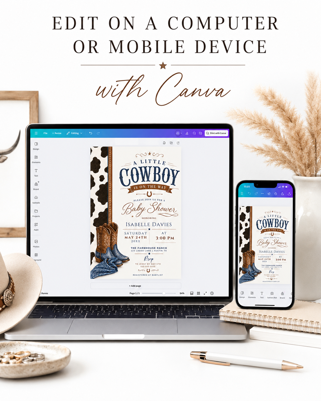 Editable cowboy baby shower invitation Canva template with cowhide side panel, leather cowboy boots, baby denim boots, bandana, horseshoe accent, and bold navy and brown distressed typography on a cream background