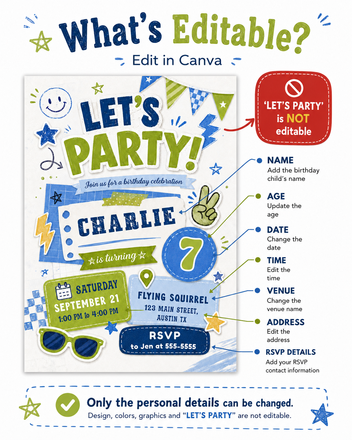 Let’s party boy birthday invitation with blue and green sticker-style graphics, stars, lightning bolts, sunglasses, banners, and retro party details