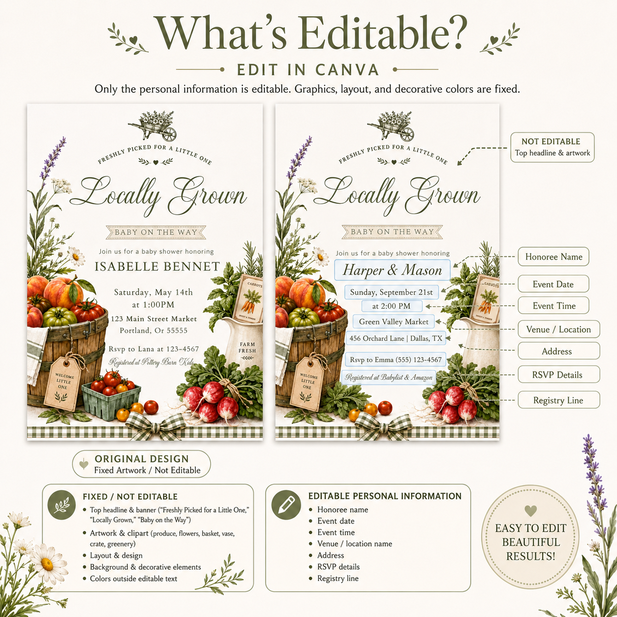 Farmers market baby shower invitation with a basket of heirloom tomatoes, peaches, and fresh herbs in sage green and cream