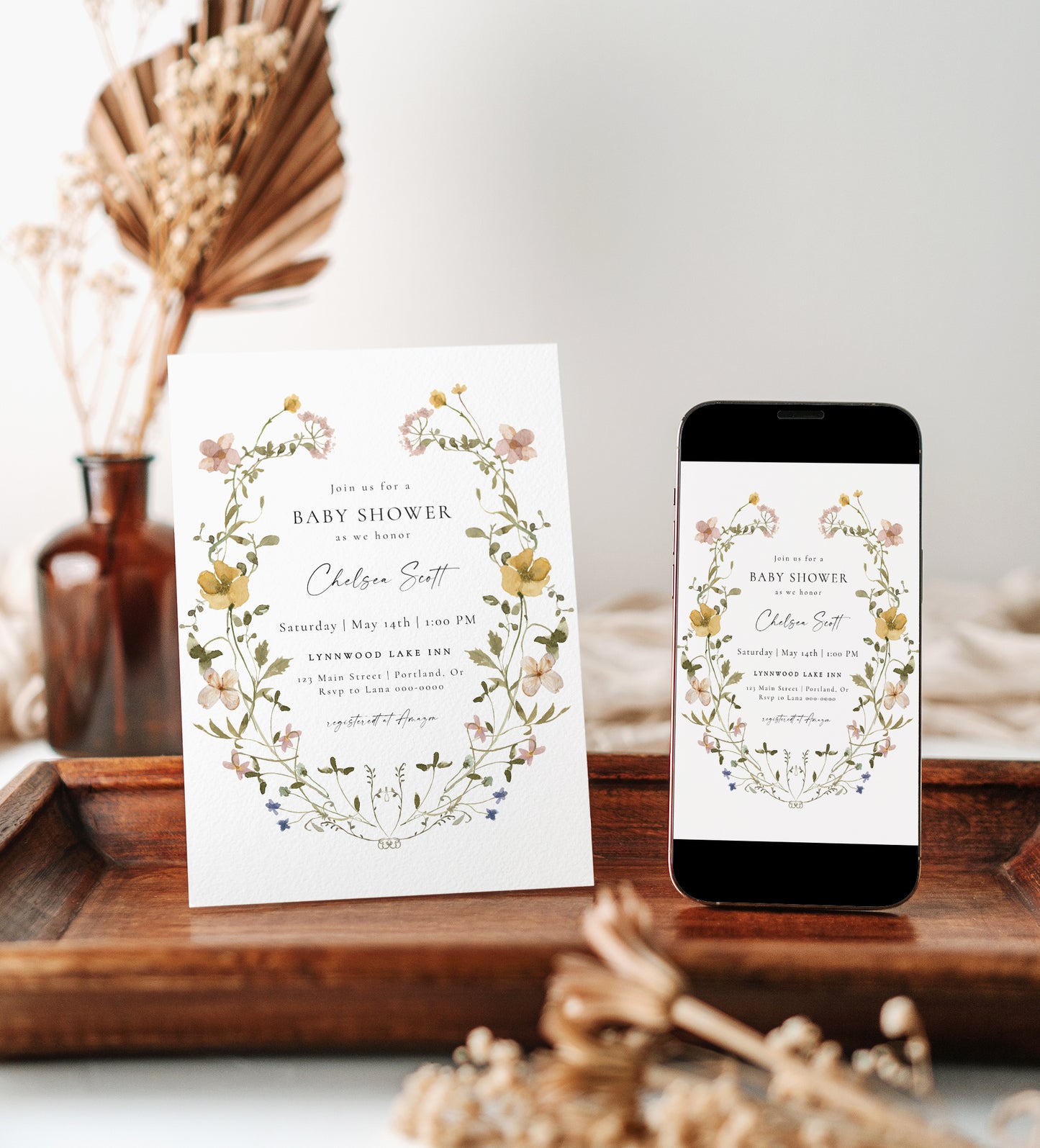 Boho wildflower baby shower invitation with neutral floral design | www.foreveryourprints.com