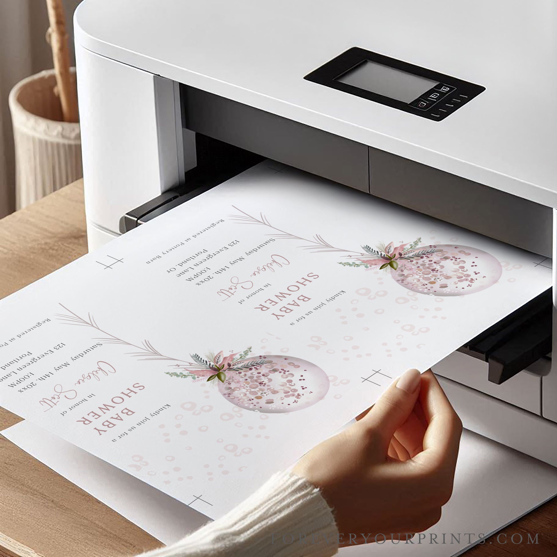 Editable baby shower invitation with pink balloon and floral greenery, personalized online with Corjl | www.foreveryourprints.com”