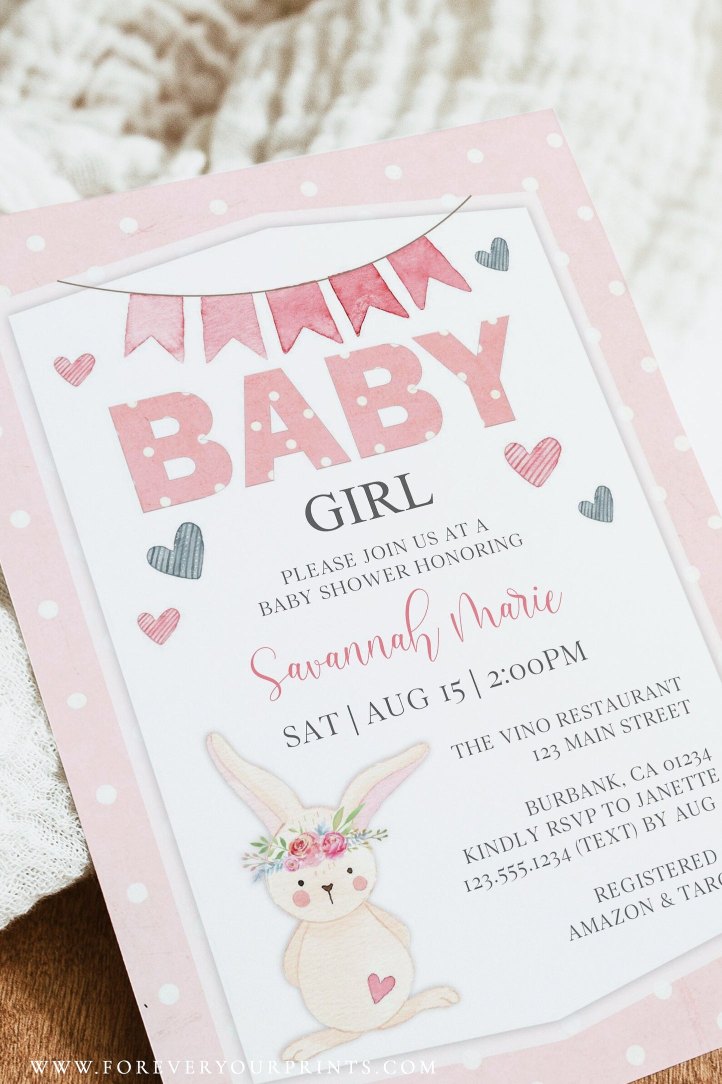 Bunny Baby Girl Shower Invitation | www.foreveryourprints.com