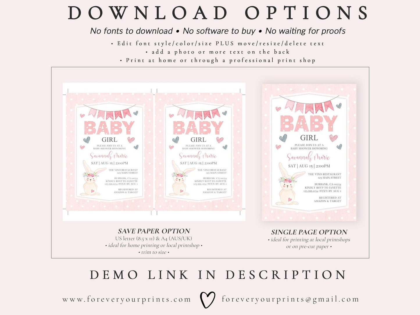 Bunny Baby Girl Shower Invitation | www.foreveryourprints.com