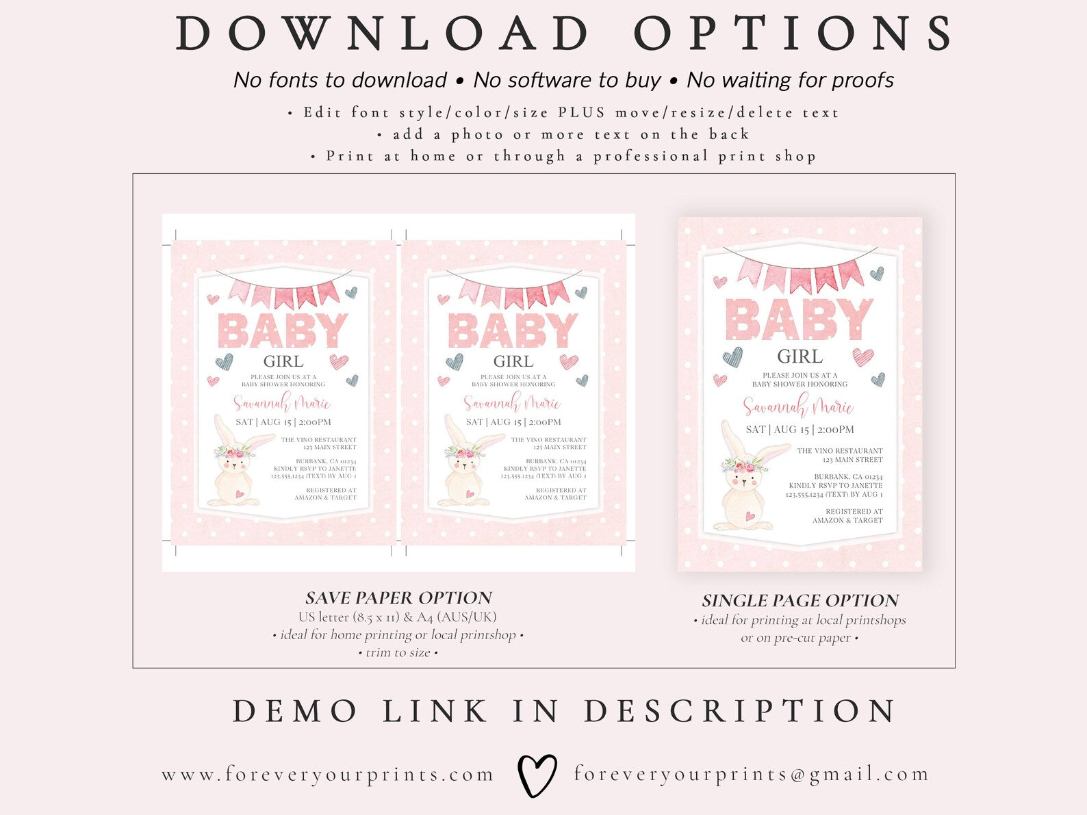 Bunny Baby Girl Shower Invitation | www.foreveryourprints.com