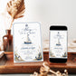 Nautical boy baby shower invitation with a sailboat, anchor, and life ring in navy and cream