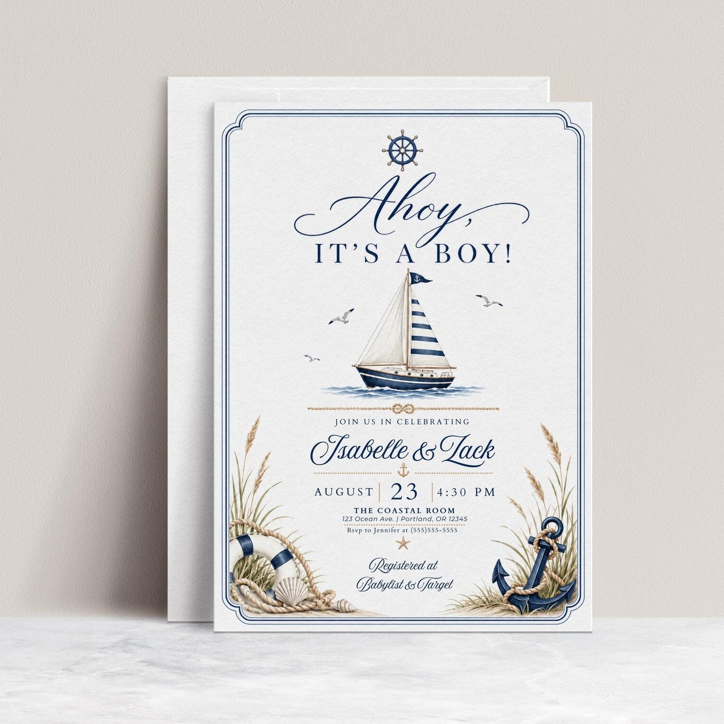 Nautical boy baby shower invitation with a sailboat, anchor, and life ring in navy and cream