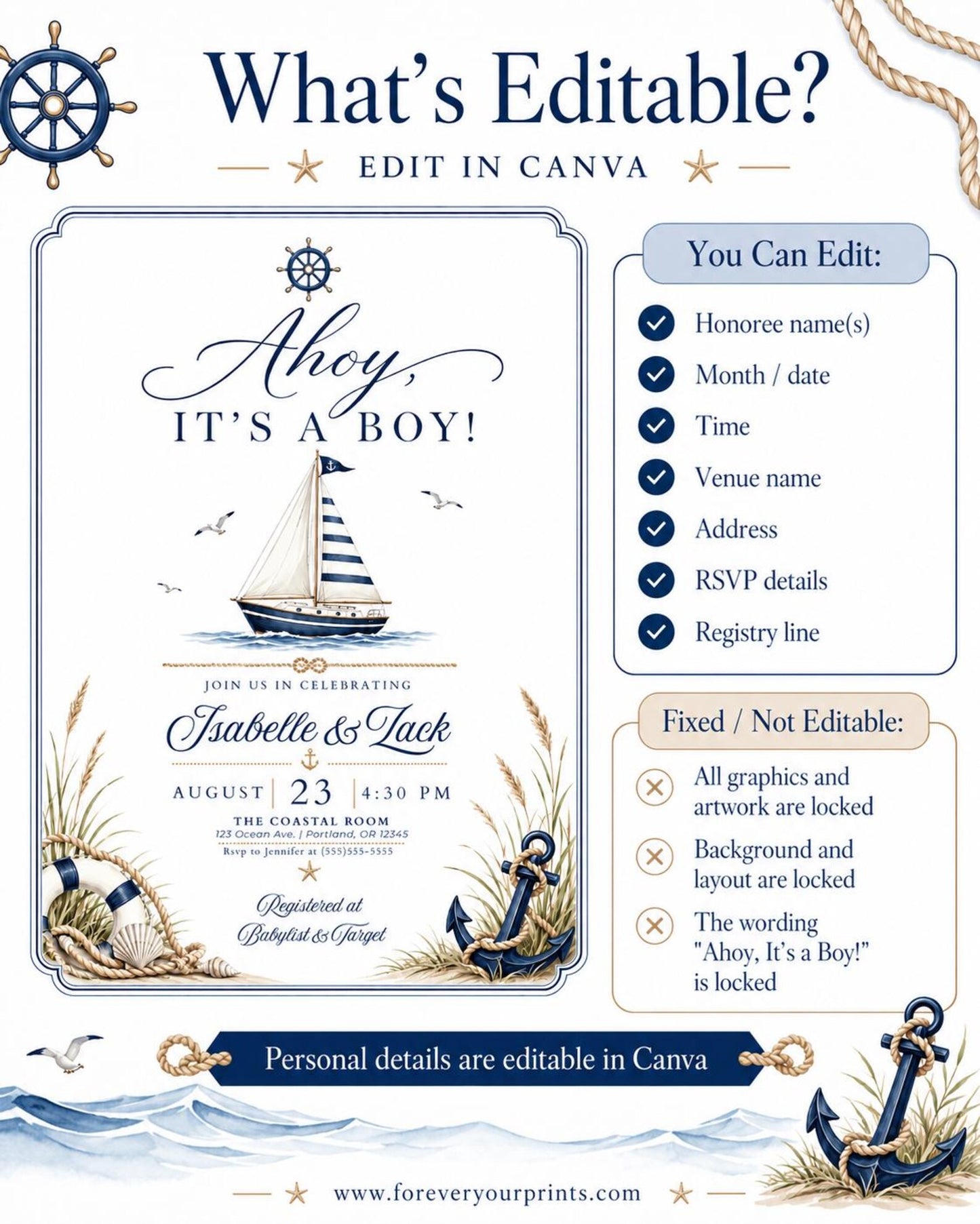 Nautical boy baby shower invitation with a sailboat, anchor, and life ring in navy and cream