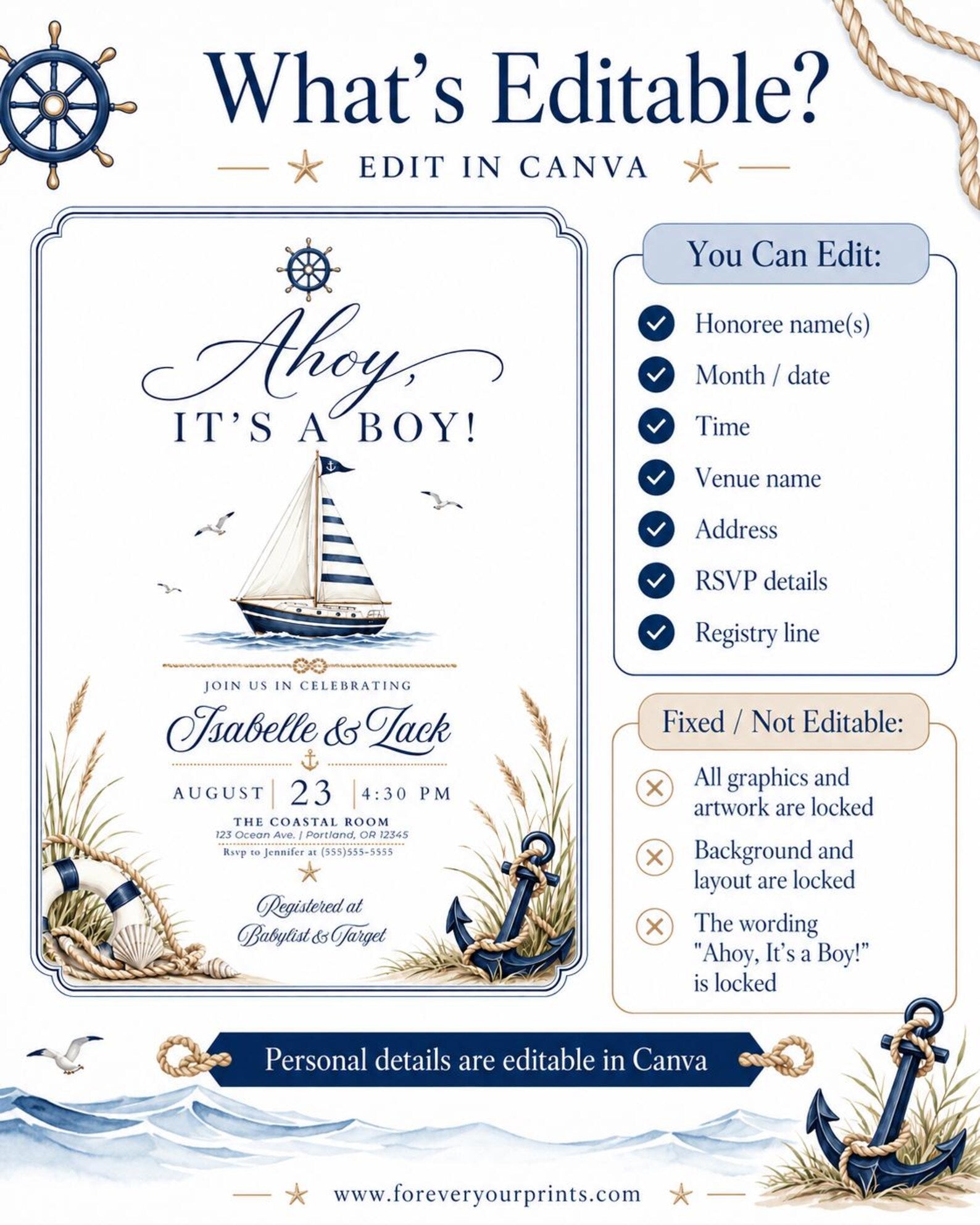 Nautical boy baby shower invitation with a sailboat, anchor, and life ring in navy and cream