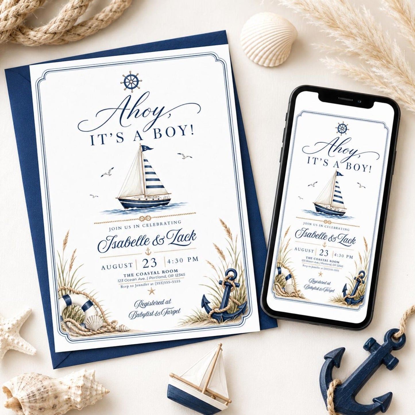 Nautical boy baby shower invitation with a sailboat, anchor, and life ring in navy and cream