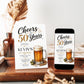 Beer 50th birthday invitation with frothy beer mug, hops, wheat, black and gold lettering, clean white background, and masculine milestone party details