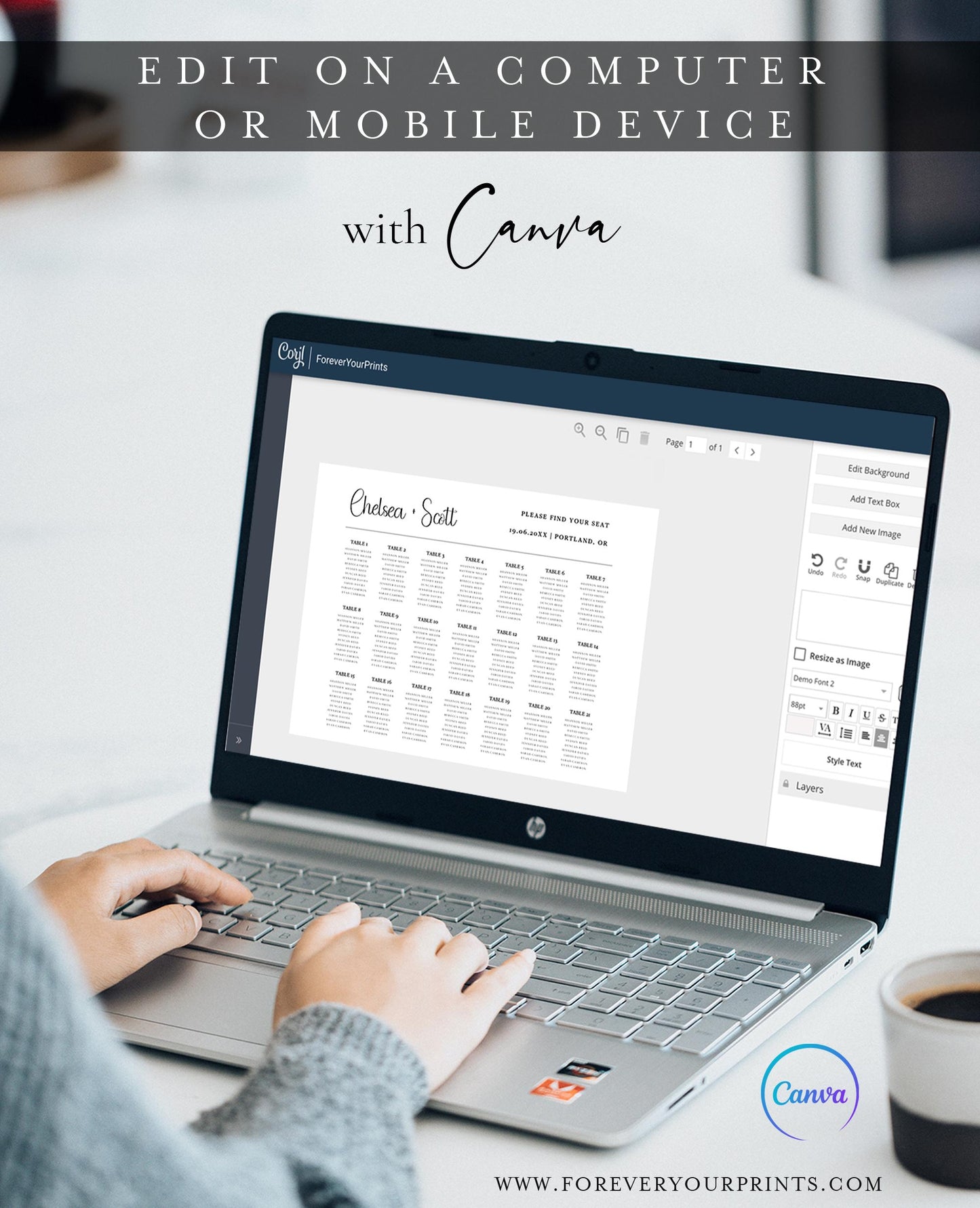 Minimalist white and gray horizontal wedding seating chart template with elegant typography and 21 table layout, editable in Canva