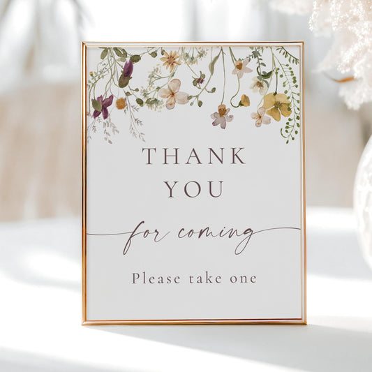Wildflower thank you for coming baby shower favour sign template with watercolor meadow flowers in yellow, purple, and cream, editable in Canva