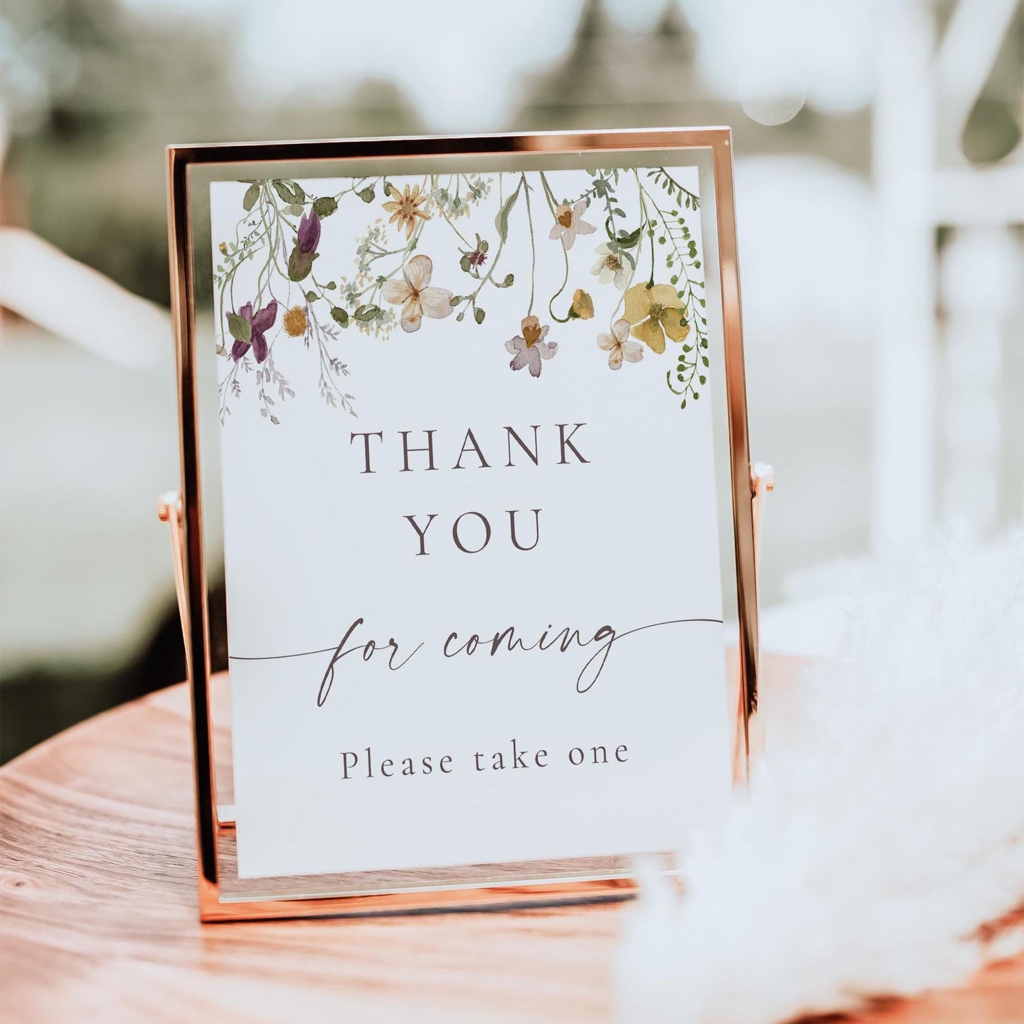 Wildflower thank you for coming baby shower favour sign template with watercolor meadow flowers in yellow, purple, and cream, editable in Canva