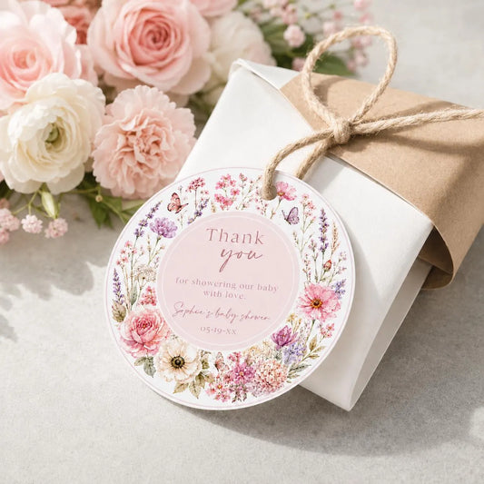 Editable wildflower baby shower round thank you sticker Canva template with watercolour roses, lavender, cosmos, butterfly details, and script typography on a soft blush background, shown tied to a kraft gift box