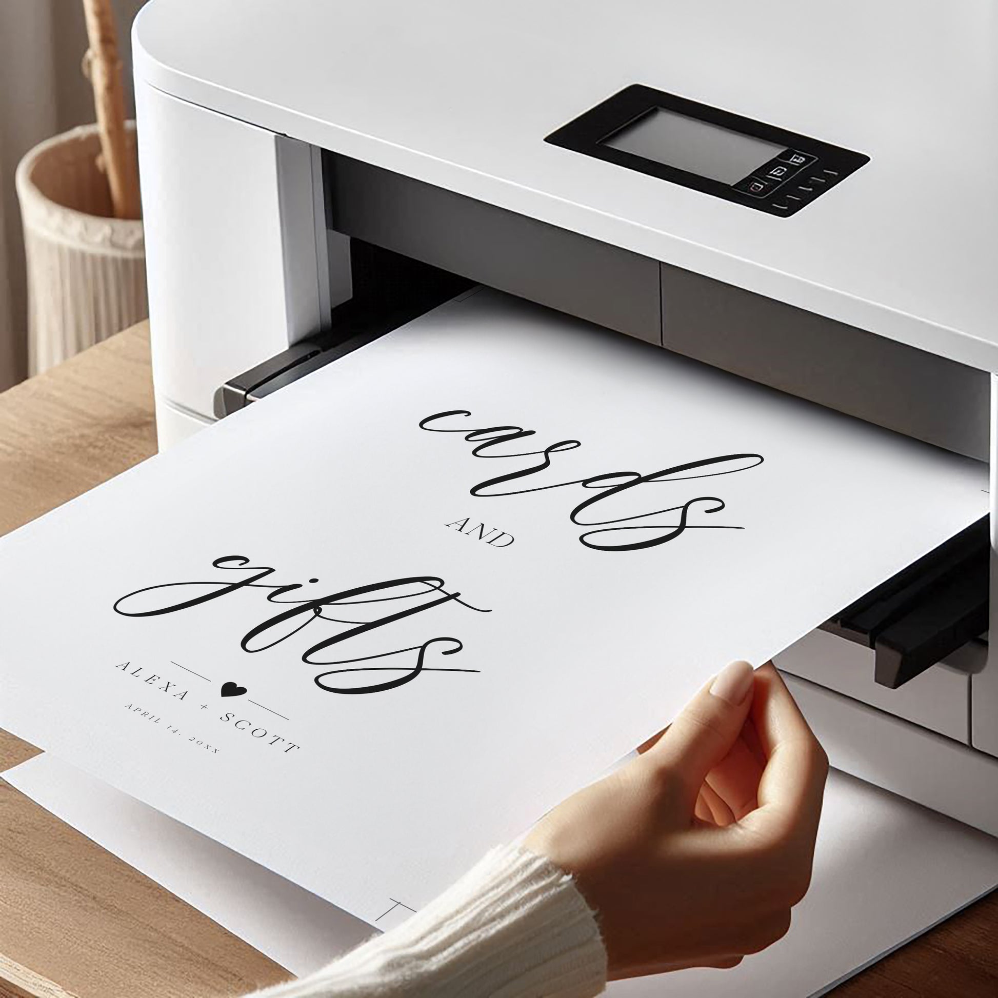 Editable "Cards and Gifts" sign with minimalist black script on white background, printable for weddings and showers | www.foreveryourprints.com