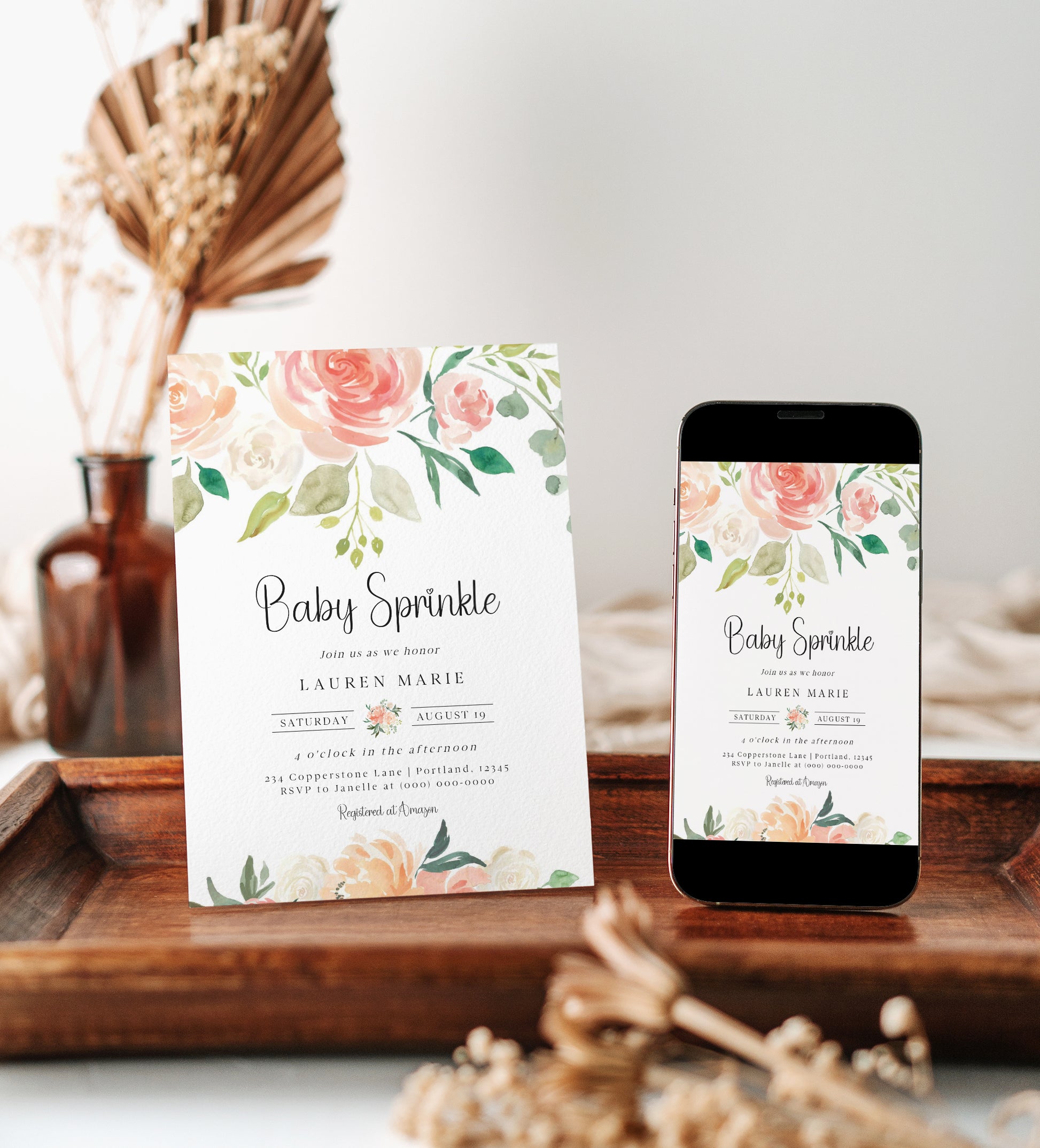 Editable peach floral baby sprinkle invitation template with watercolor roses and peonies in blush, peach, and cream, customizable in Canva